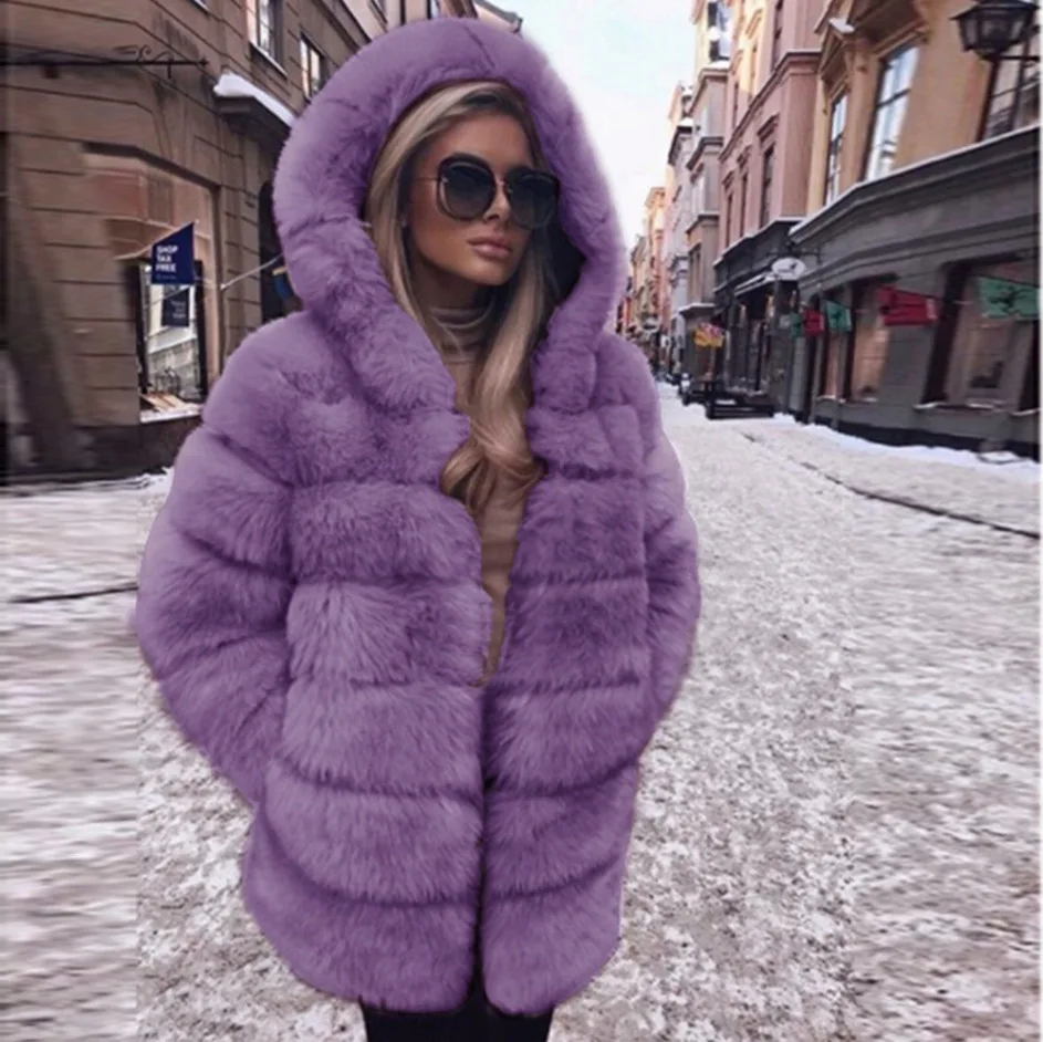 Faux Fox Fur Coats Women Mid Length Jacket Y2k Hooded Coverd Button Long Sleeve Thick Warm Fur Loose Casual 2025 Autumn Winter
