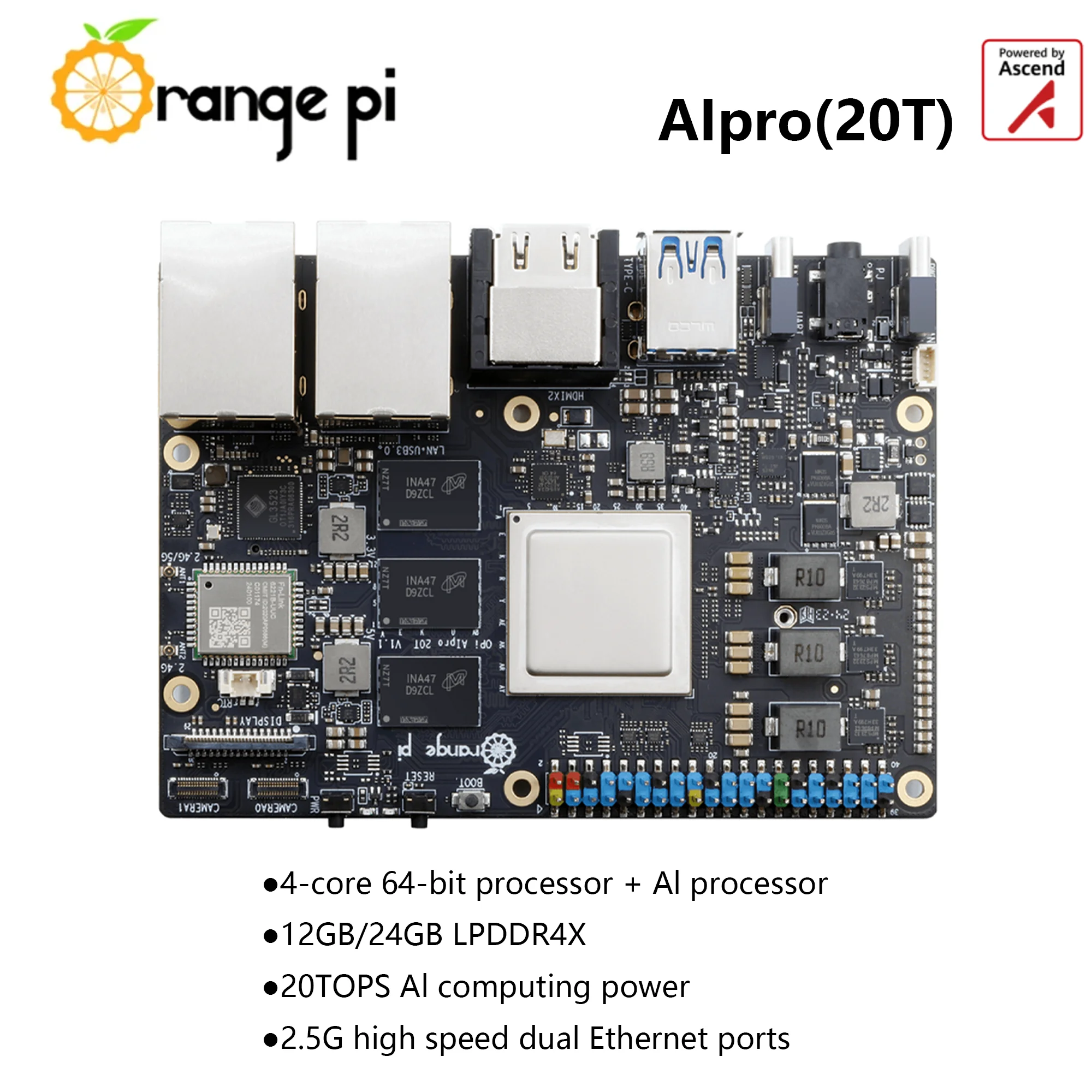 OrangePi AIpro (20T) 20TOPS Computility 12/24GB Ascend AI Placa de desarrollo DaVinciV300 AI core Sistema OpenEuler