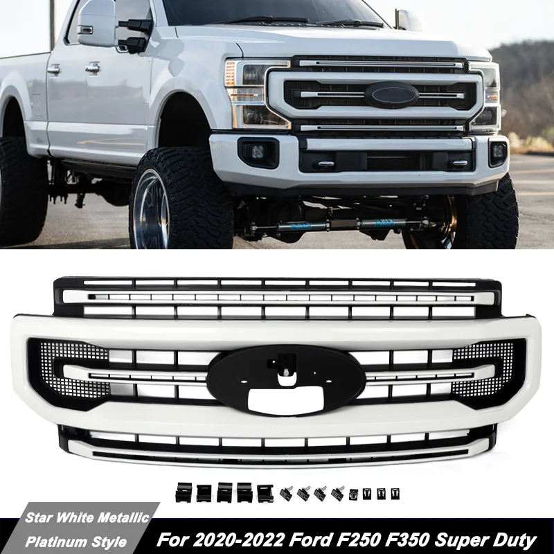 

Magickit Star White Metallic Hood Grill For 2020-2022 Ford F250 F350 Super Duty Platinum Style Front Bumper Upper Grilles