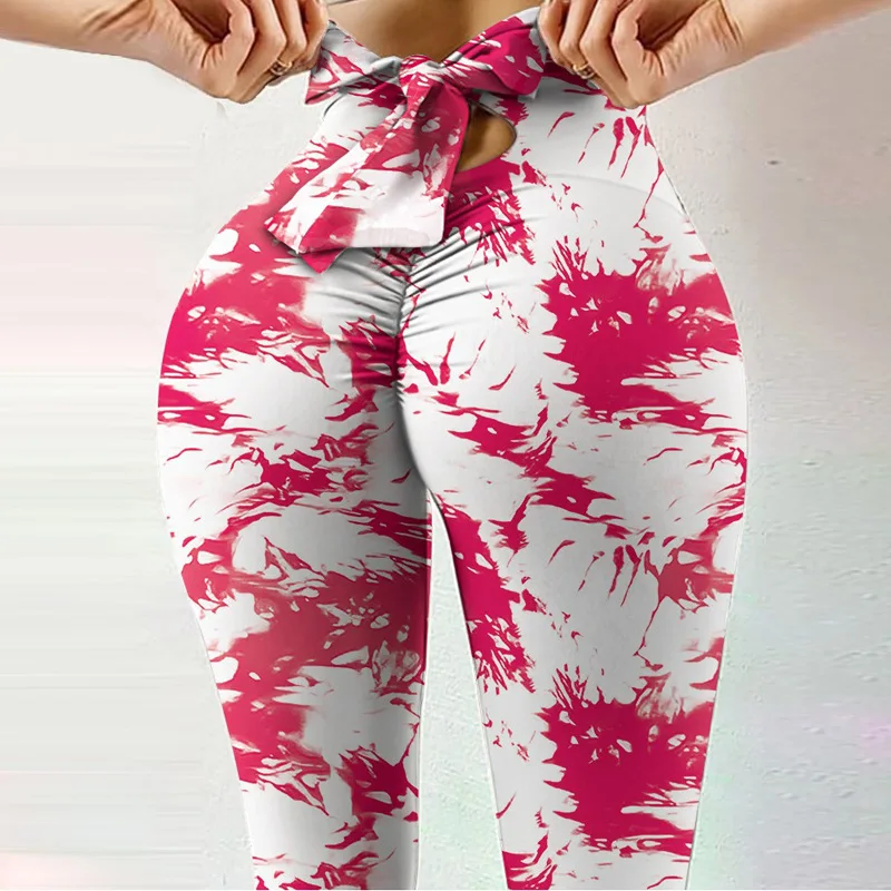 Tie-dye yoga pants, fitness, quick-dry, athletic, compression leggings, high waist, peach-colored hips, base layer pants.
