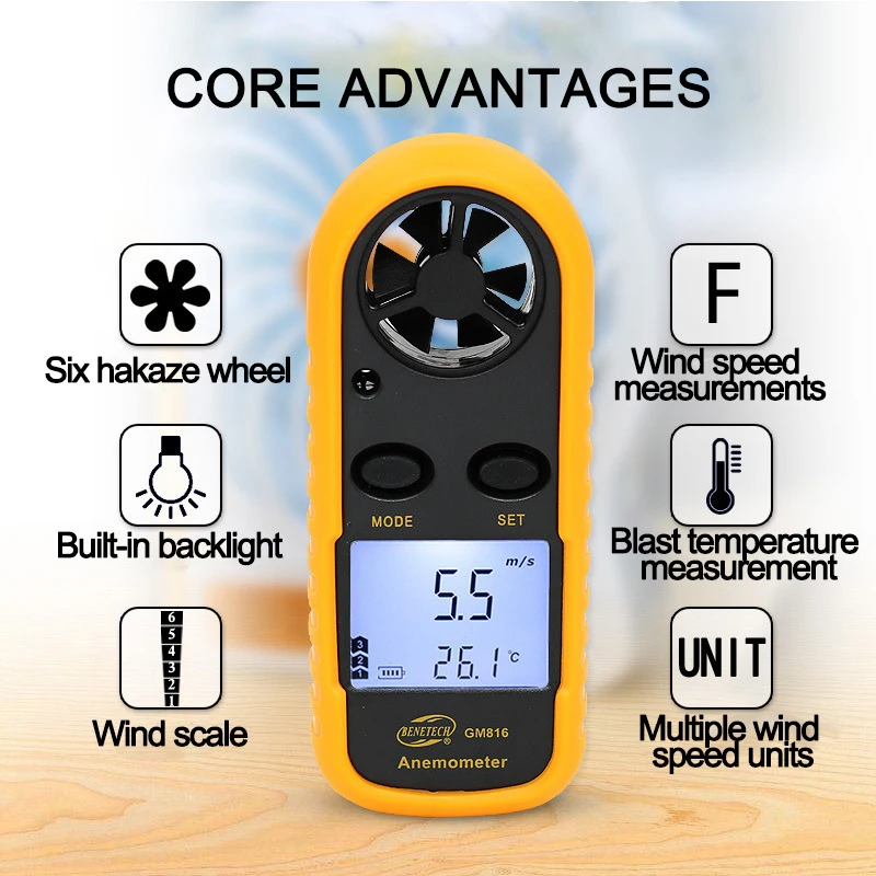 Mini GM816 Digital Anemometer Wind Speed Mini Air Velocity Airflow Temperature with LCD Backlight Wind Speed Meter