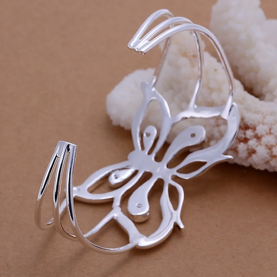 Fashion 925 Sterling Silver Jewelry Charm Zircon Crystal Butterfly Circular Open Bangle Bracelet Women Lady B109