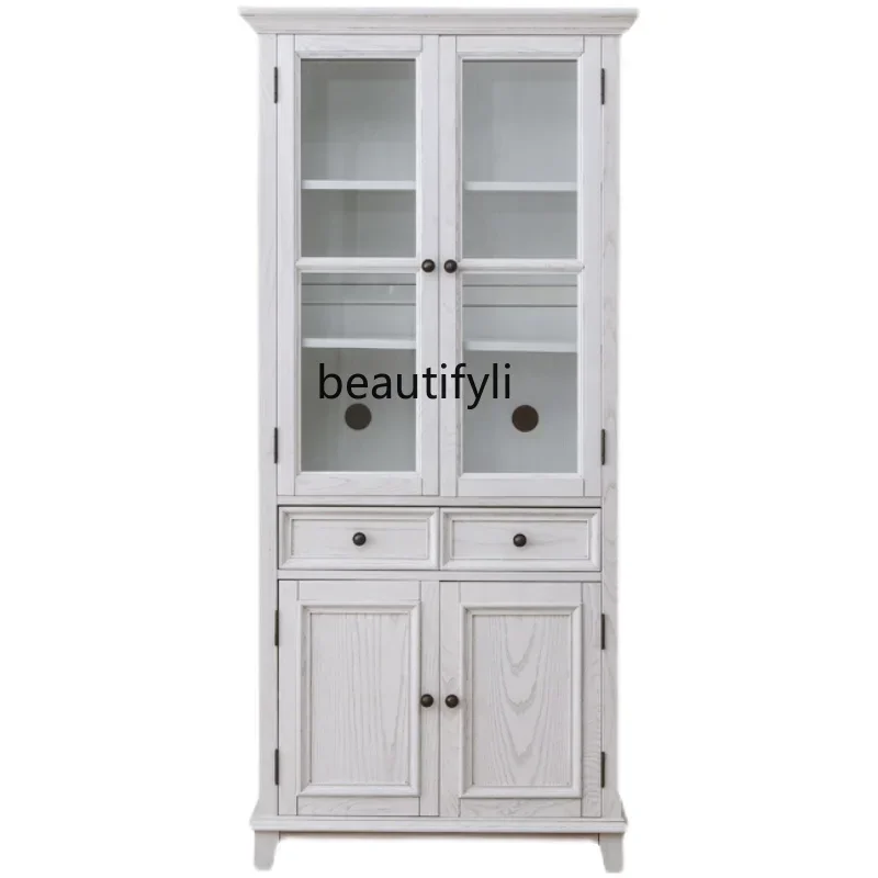 

ls 42American pure solid wood glass door two-door bookcase double-door wine cabinet white old ash wood