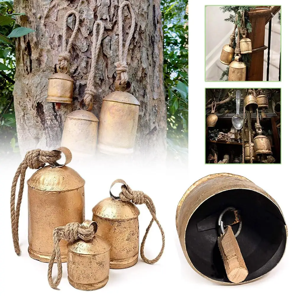 Complete Set of 3 Rustic Style Bells - Handmade Giant Metal Harmony Christmas Hanging Cow Bells on Jute Rope