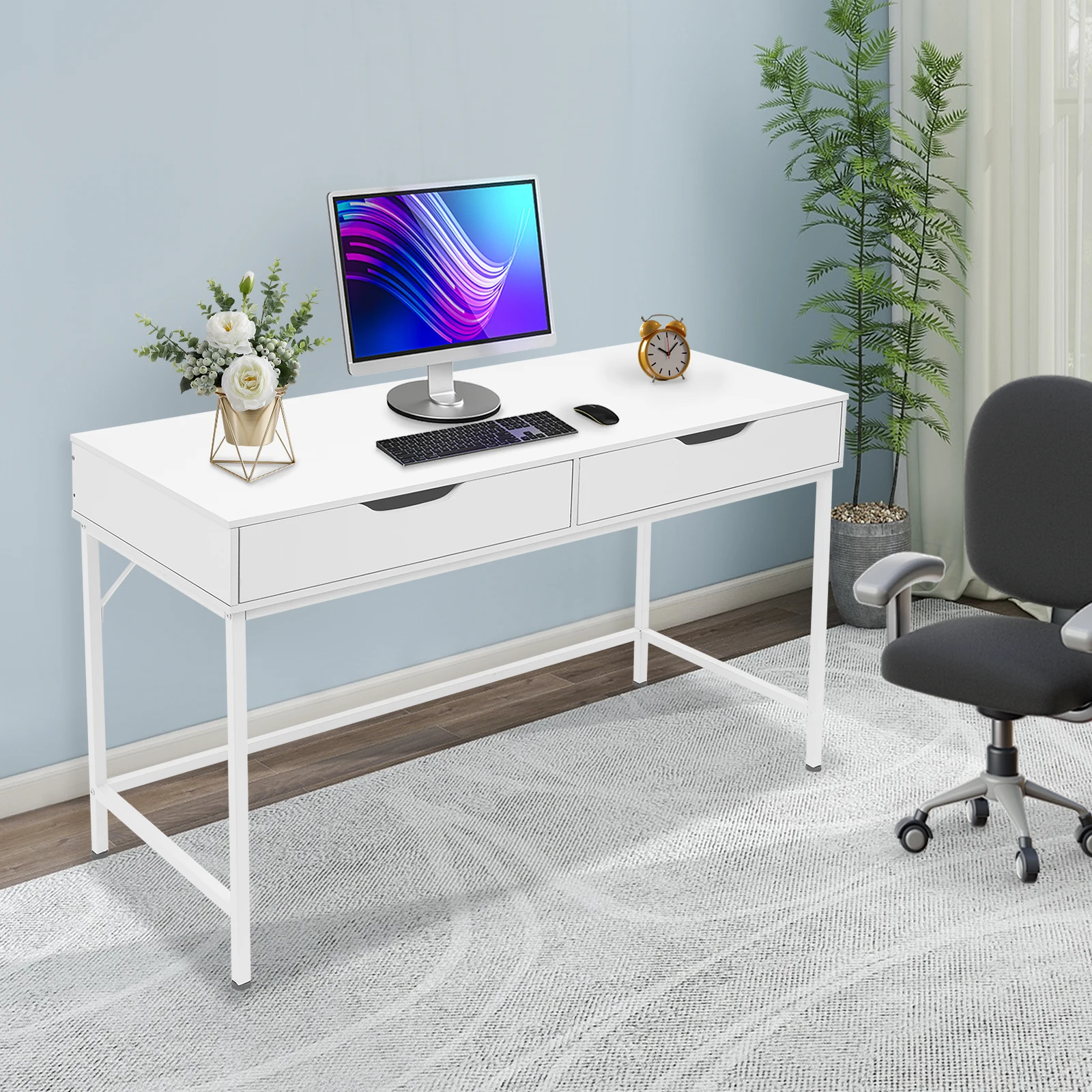 Modern Computer Desk with 2 Drawers Study Writing Office Desk Metal Frame White Rectangular