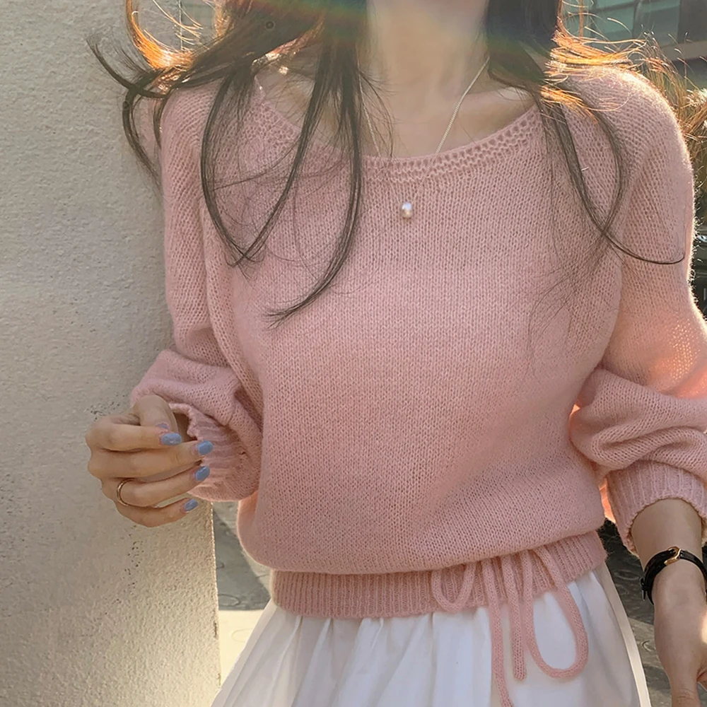 

Women's Knitted Sweater Thiened Long Sve round Ne Pure Color Belted Waist Inning Knot Autumn Winter New Sle