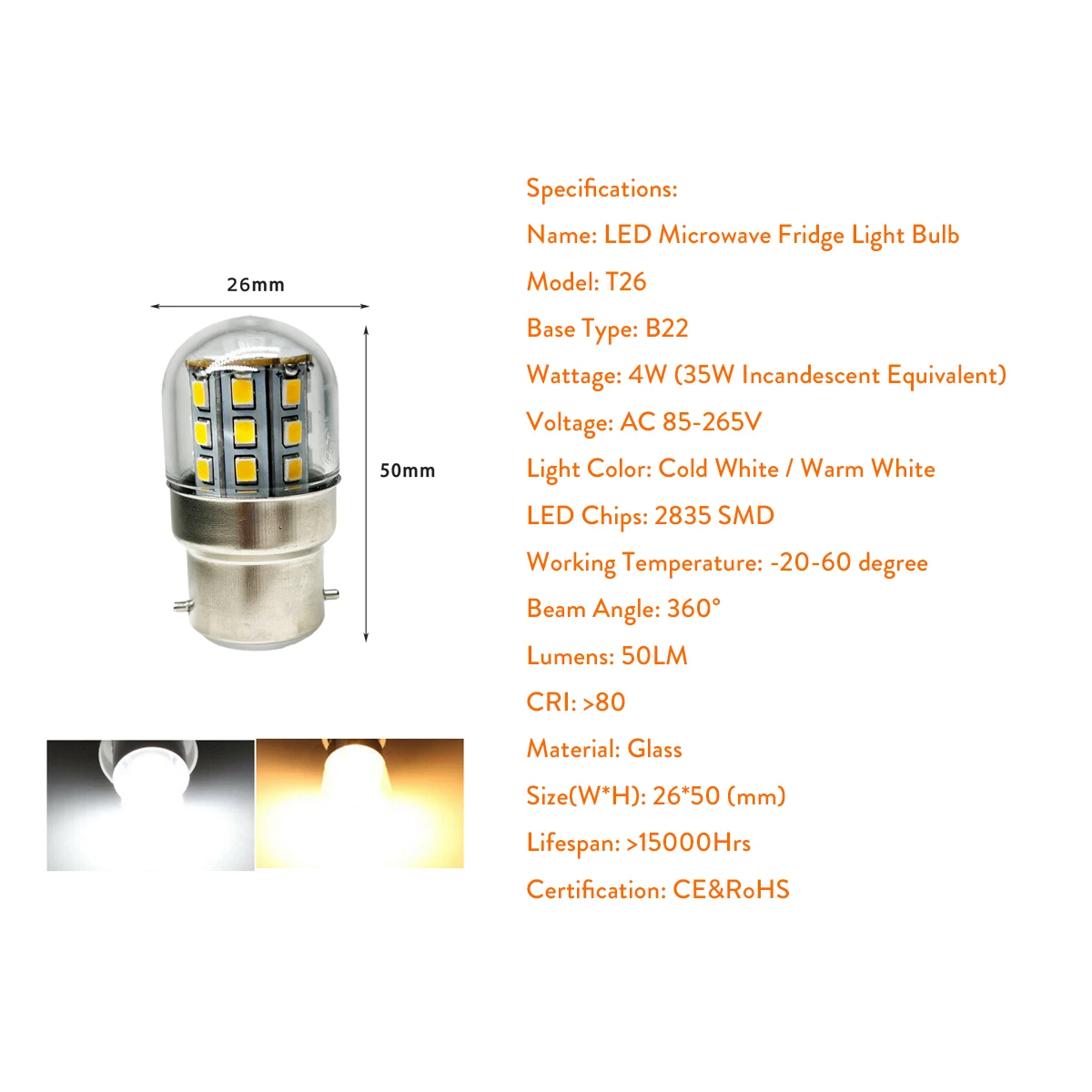 Microwave/Refrigerator LED Indicator Light Mini T26 LED Bulb Lamp 4W B22 85-265V LED Corn Light Cold / Warm White Home Lighting