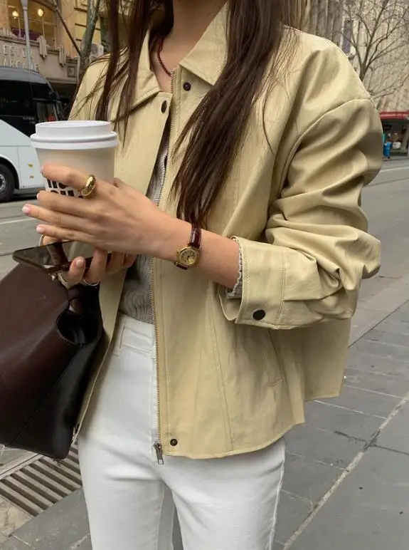 

Women's Jacket 2025 Spring Autumn New Solid Color Vacation Versatile Turn-Down Collar Long Sleeve Casual Daily Zipper Jacket