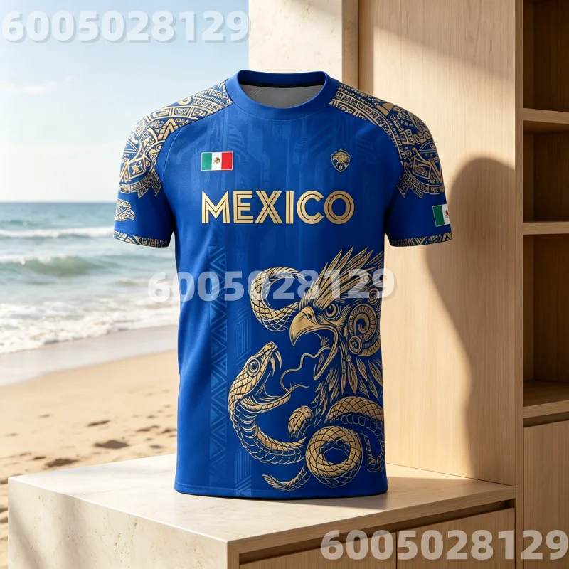 Summer New Mexico Soccer Jersey Men Black Gold Design with Aztec Eagle Snake Print and Mexican Flag,sport Parent-child T-shirts