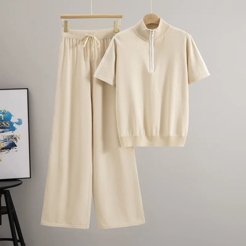 

Women Summer New Stand-up Collar Zipper Design Short Sleeve Top Wide Leg Simple Pants Casual Commute Two Piece Set