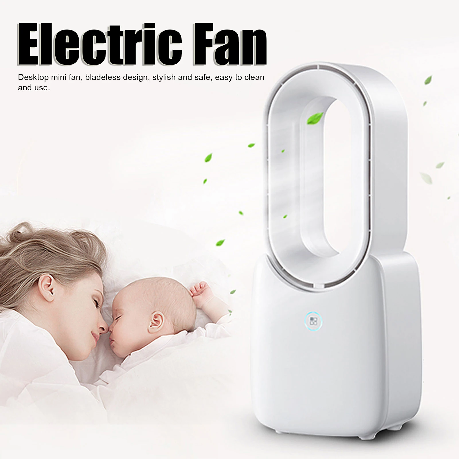 4 Gear Electric Fan, Bladeless Fan with Light Mini Portable Desktop Cooling Fan USB Charging for Home Office White