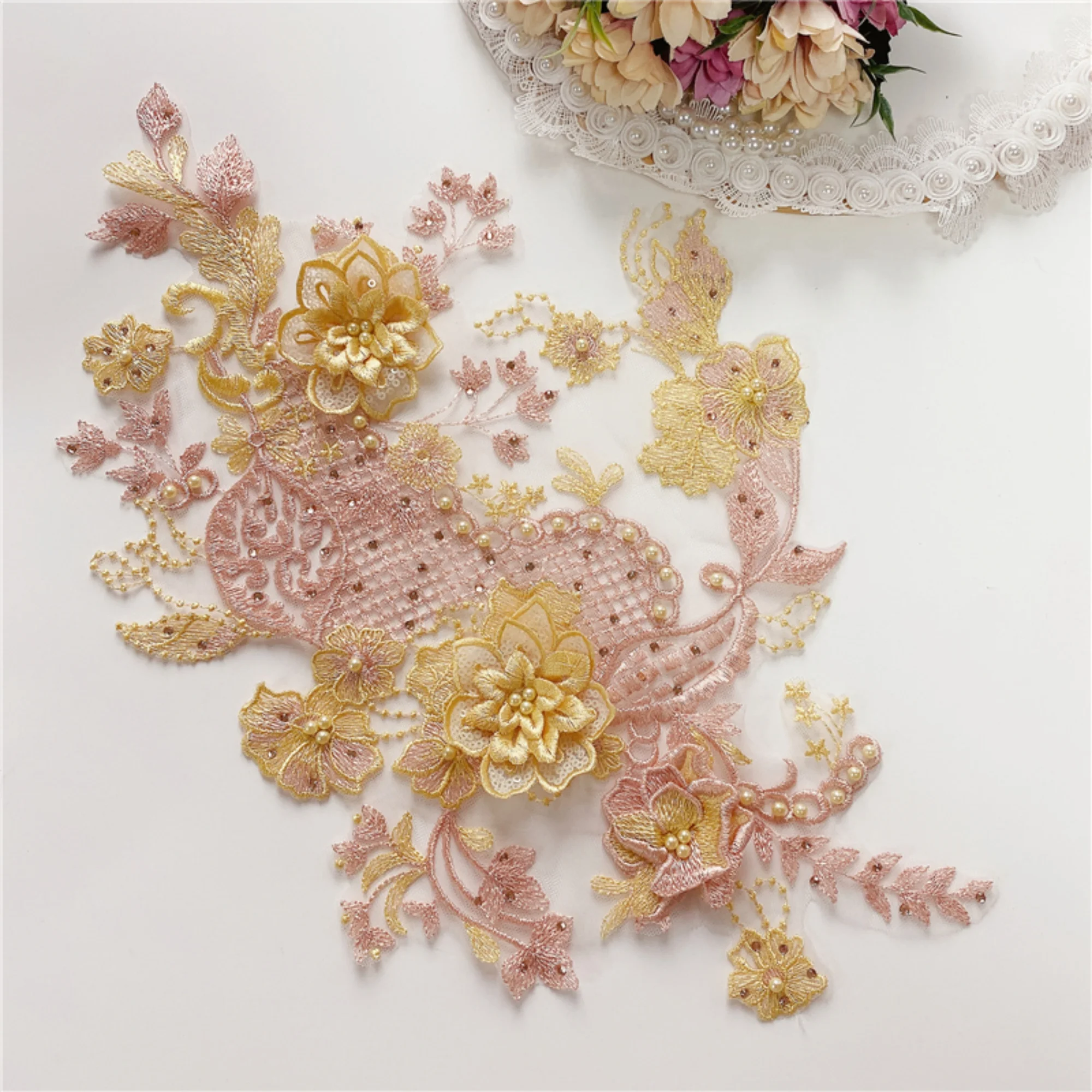 

Lace Appliques,Embroidered beaded Flowers,Patches For Wedding Supplies,Sew-on Bridal Hair Flower,Headpiece