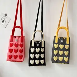 Korean Fashion Heart Knitted Mini Square Handbag for Women Small Mobile Phone Shoulder Bags Girls Cute Causal Crossbody Bags