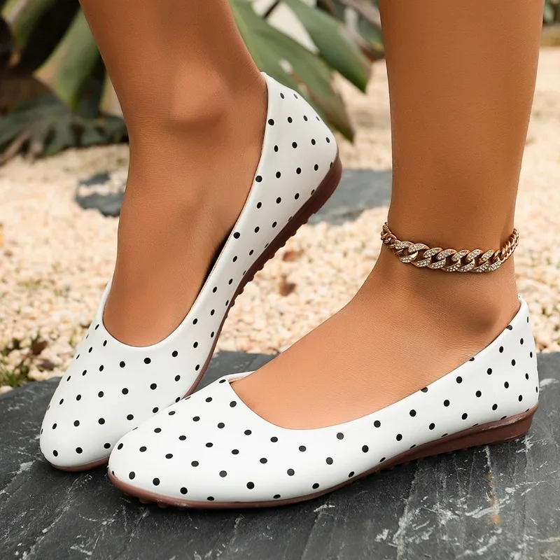 Ladies White Polka Dot Flats Round Toe 1.5CM Low Wedge Soft Sole Slip on Daily Office Casual Walking Flat Shoes