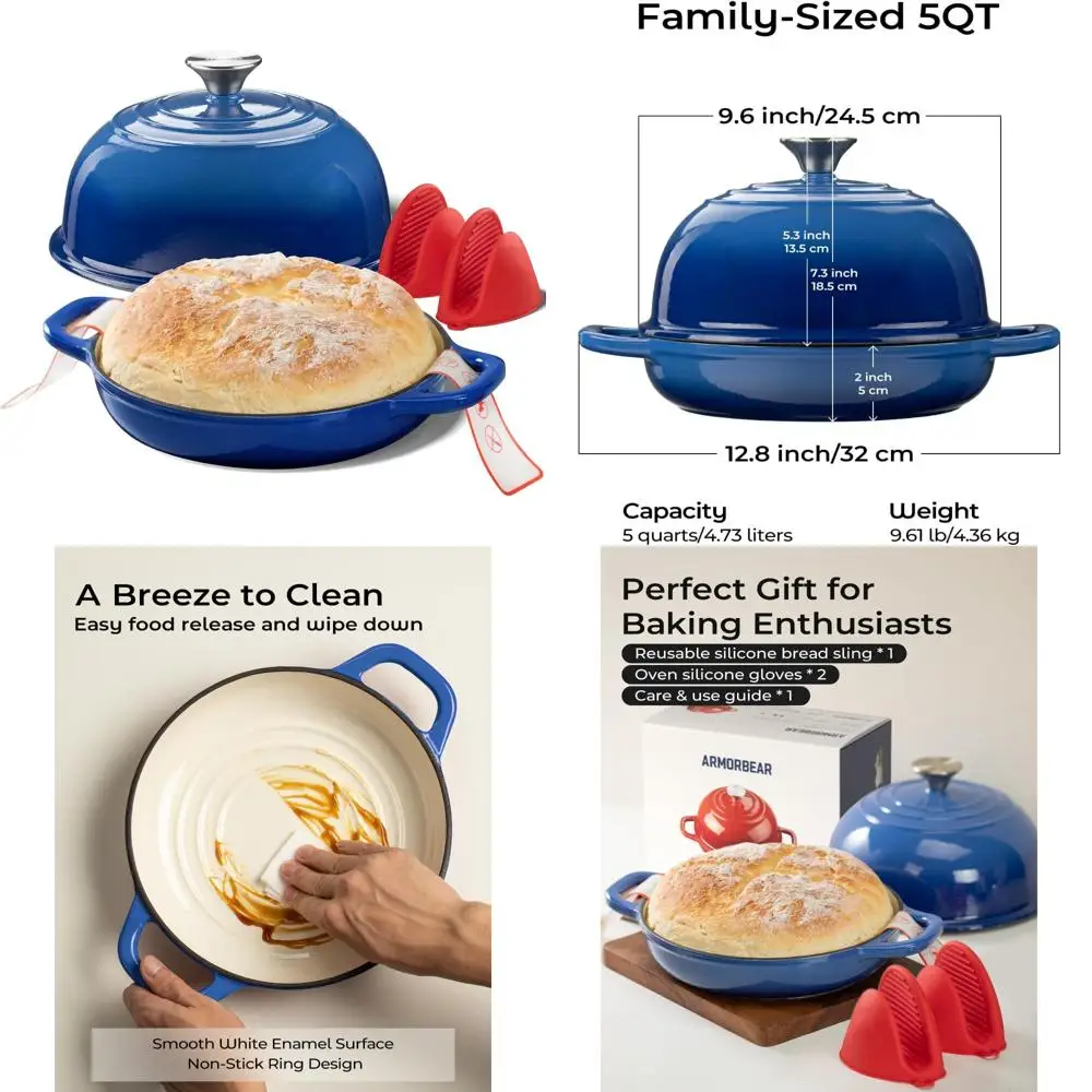 

Голландская печь для выпечки хлеба-5QT Чугунная голландская печь на закваске с крышкой, эмалированная круглая чугунная кастрюля для хлеба с купольной крышкой для