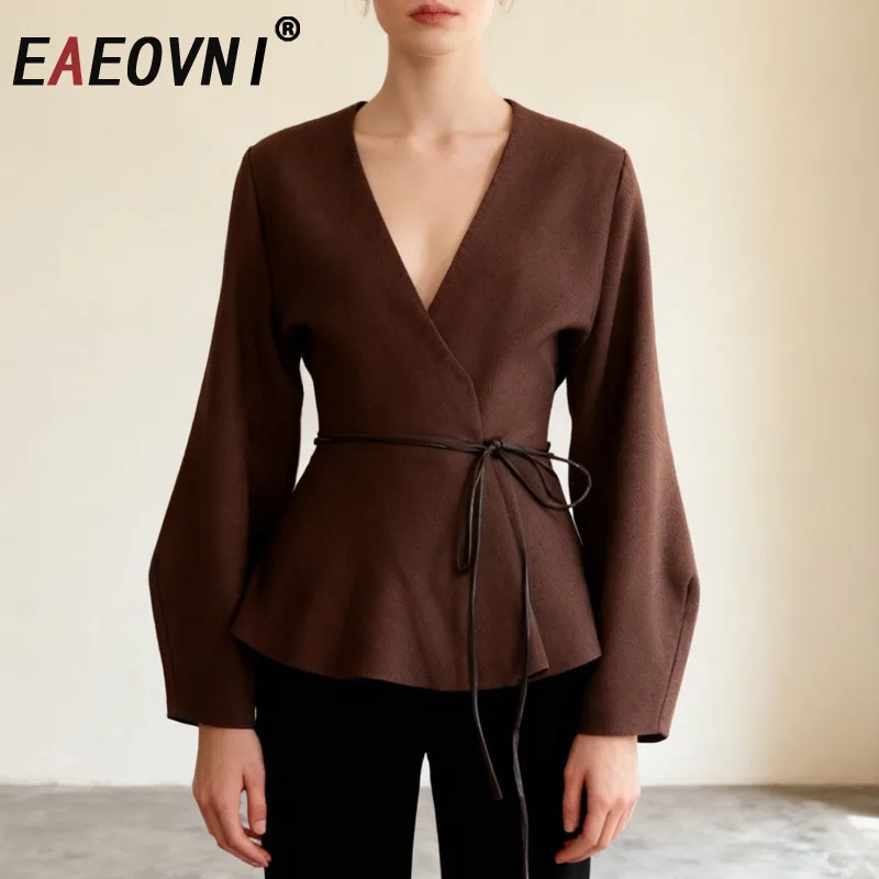 

EAEOVNI Fashion V Neck Women's Blouse Solid Color Puff Sleeve Lace-up Gathered Waist Coat Vintage 2026 New Clothing