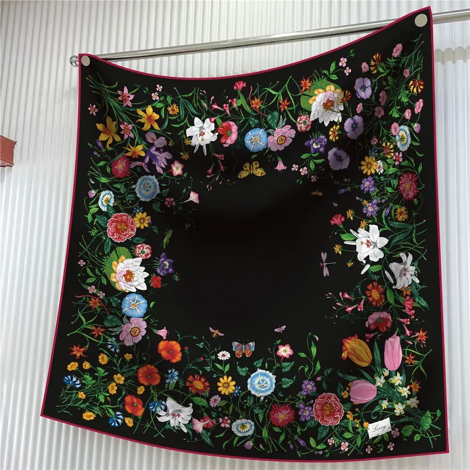 

Floral Silk Scarf 90cm, Women's Square Shawl, Head Wrap Hijab, Bandana, Elegant Printed Echarpe for Ladies