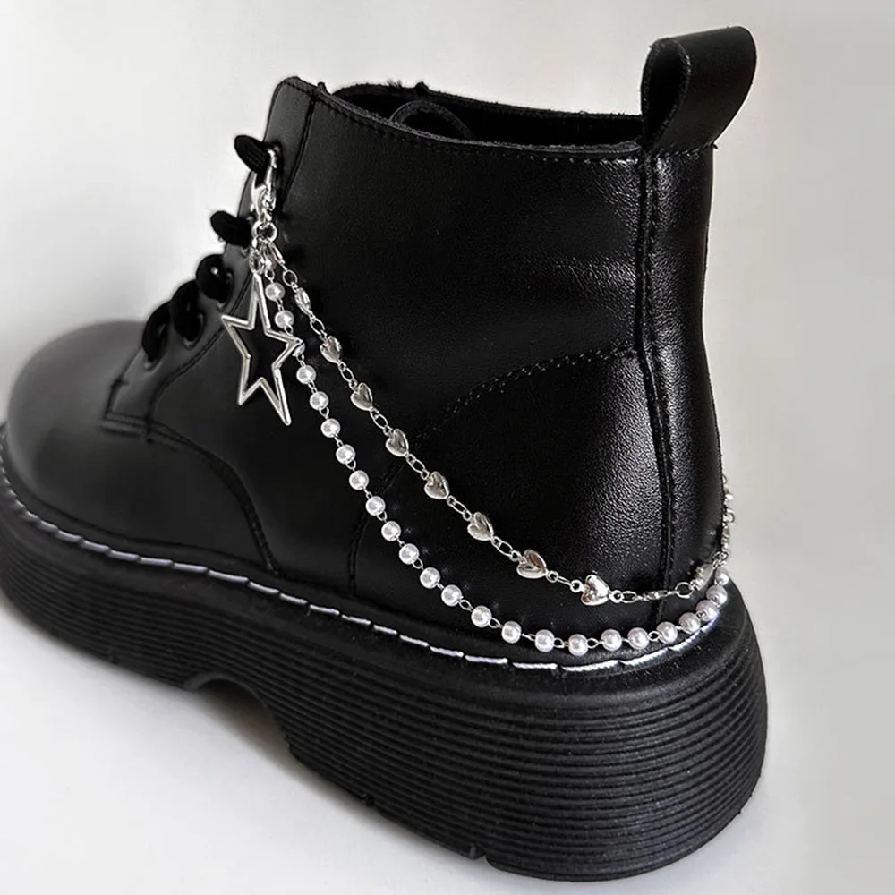 Love Star Double Layer Pearl Chain Silver Boots Canvas Shoes Buckles Metal Shoe Chain Decoration DIY Creative Shoe Charms