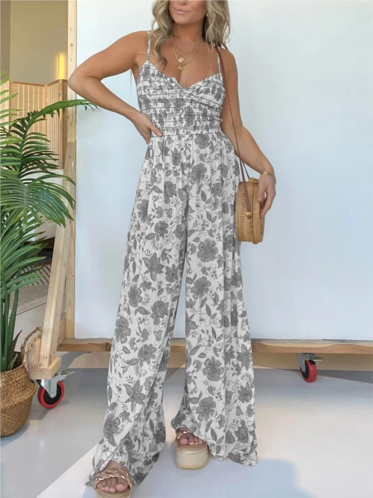 Women's Sexy Spaghetti Strap Jumpsuit Summer Floral Print Buttons Backless High Waist Wide Leg Pants Casual Jumpsuits Streetwear