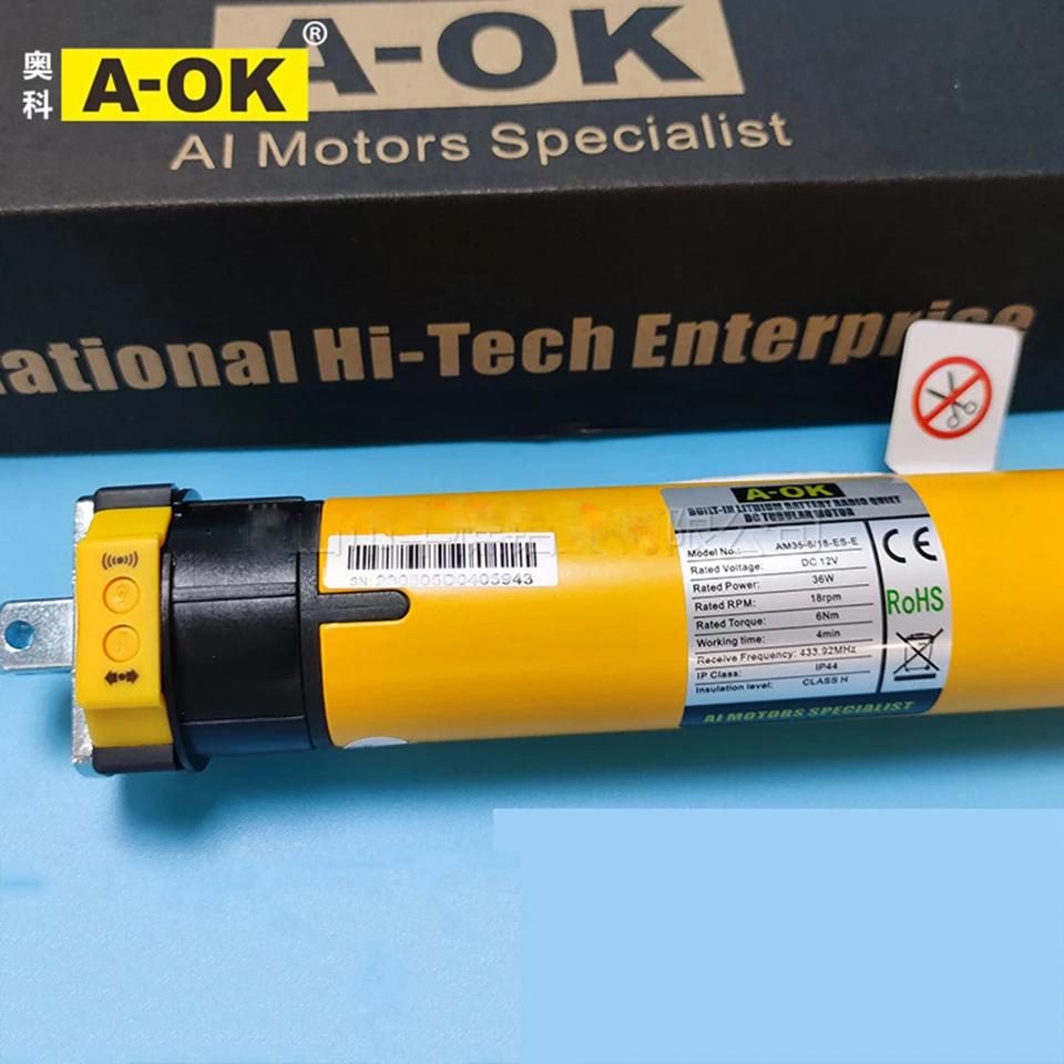 Motor tubular A-ok, obturador do rolo, motor da bateria Li, AM35-6 18-ES-E