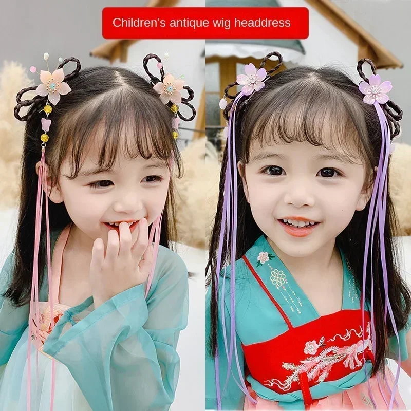 Girls\' Hanfu Garden Flower Headwear Clip Children\'s Ancient Chinese Braids Little Girls\' Ancient Hair Ornaments Streamers