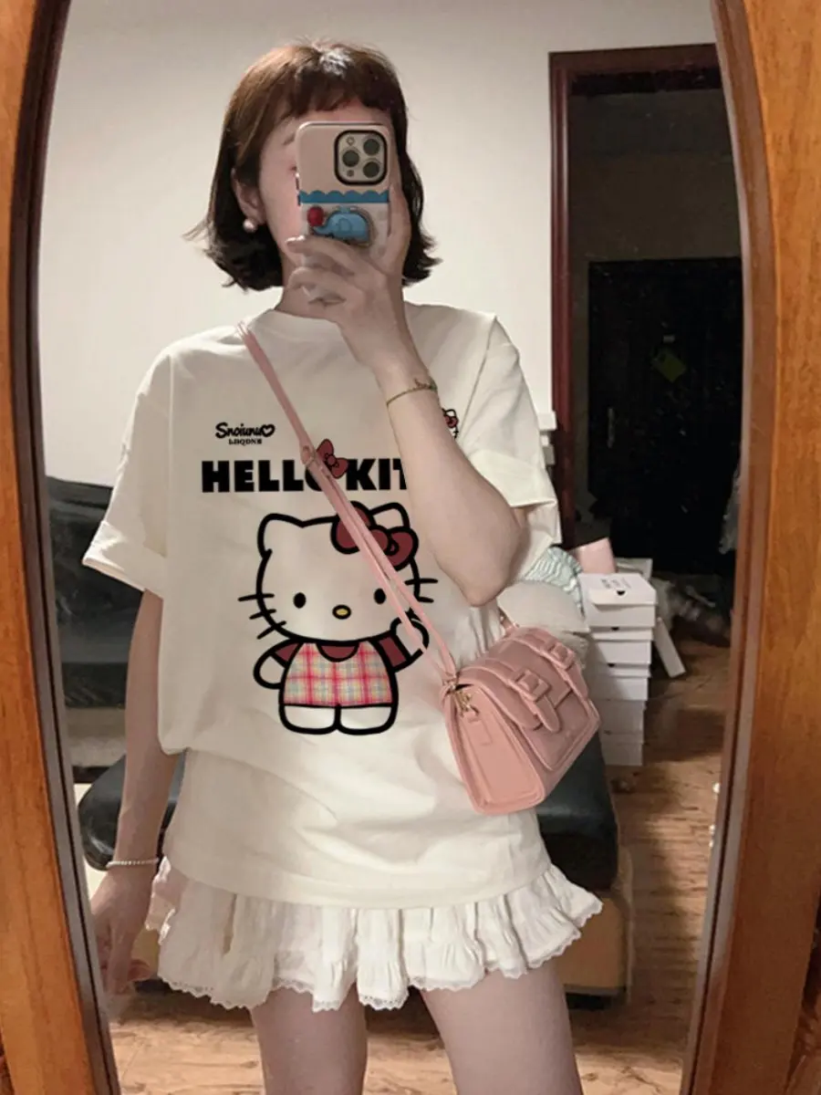 2026 Pure Cotton Sweet & Cute Hello Kitty Cartoon Print Short Sleeve T-Shirt Family Summer White Loose Top