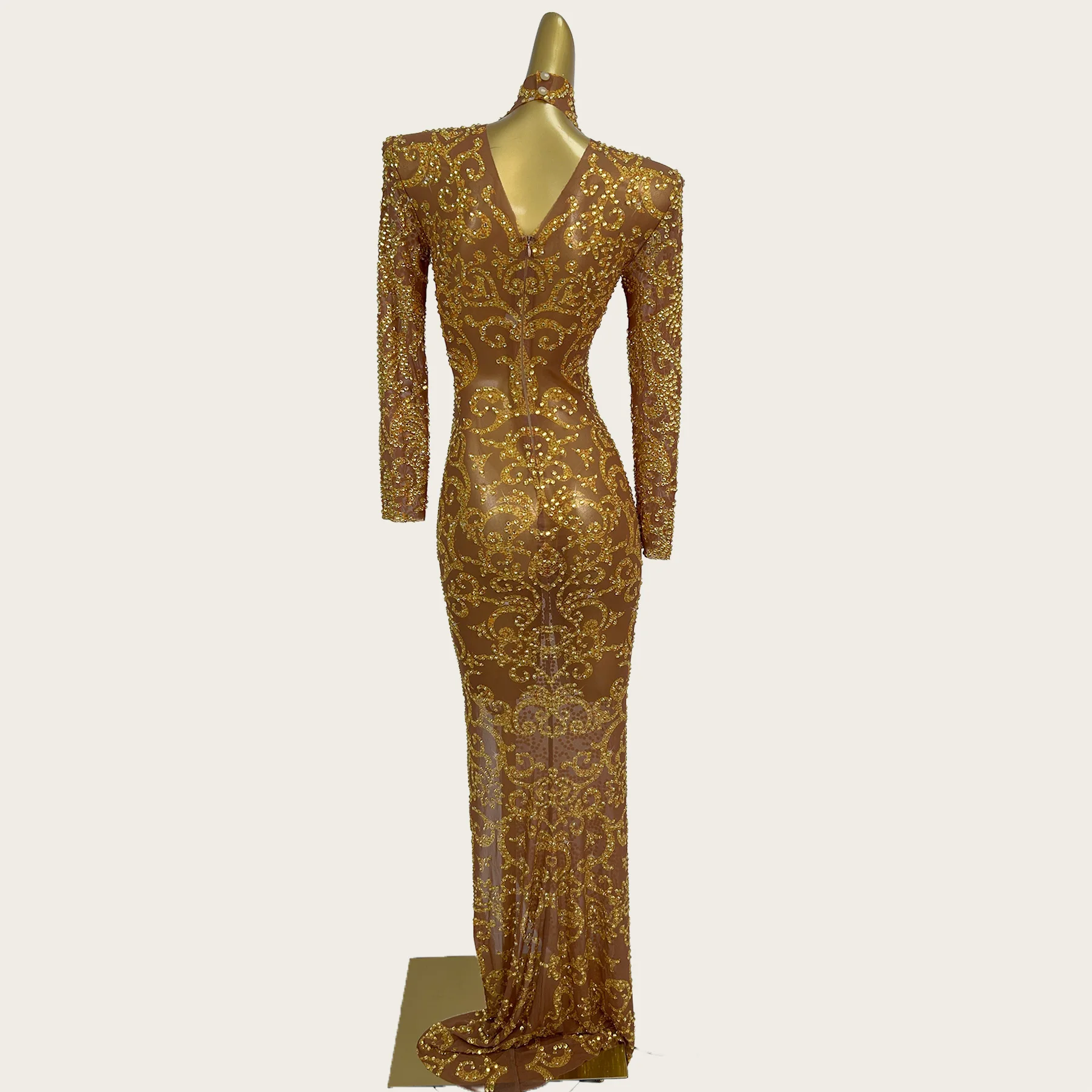 

Sparkly Gold Rhinestone High Neck Maxi Dress Sheer Mesh Long Sleeve Sexy Bodycon Luxury Beads Formal Party Evening Gown Gongting