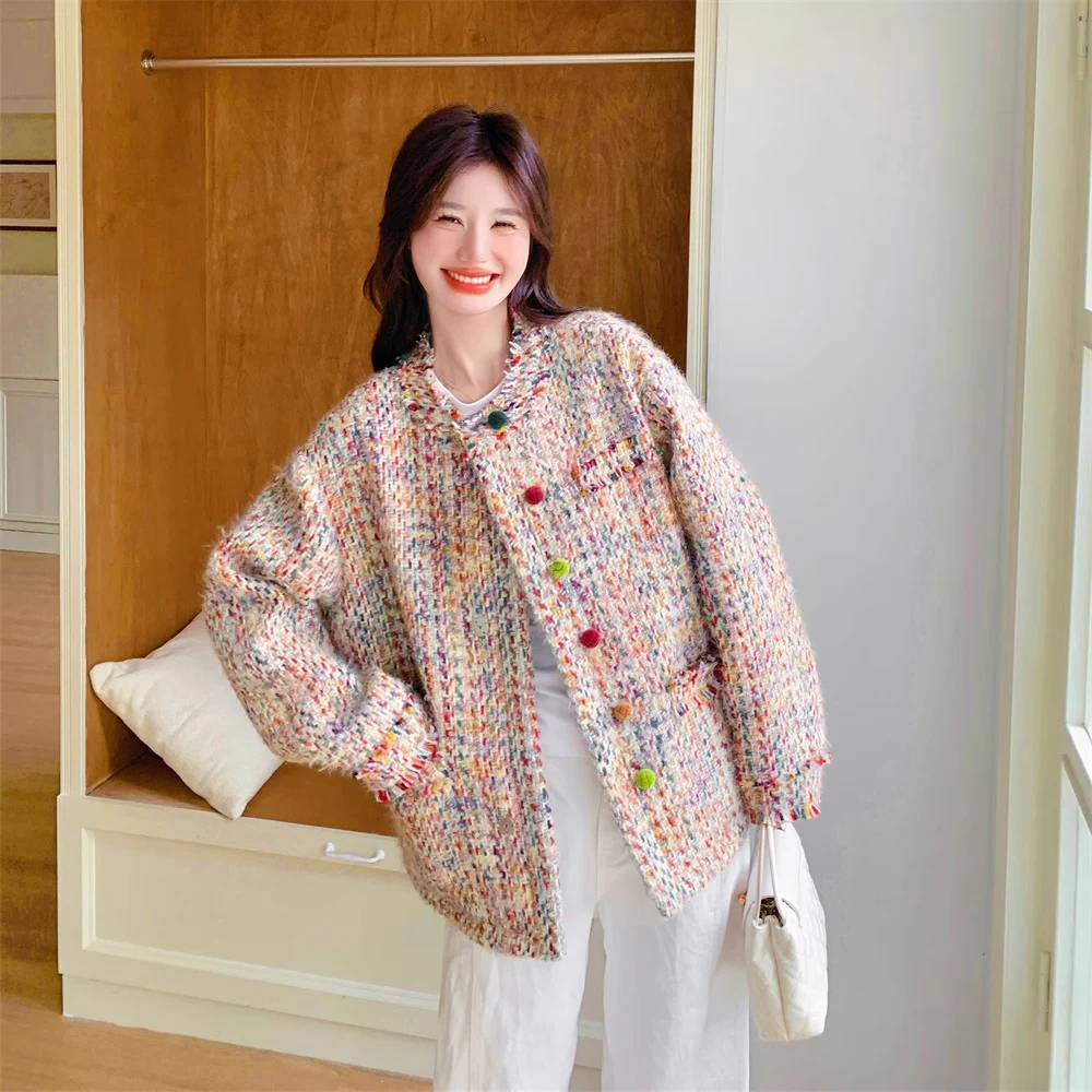 

Женская красочная тканая твидовая куртка, пальто, новинка 2023 года, осенняя верхняя одежда с длинными рукавами, французские легкие роскошные однобортные женские топы