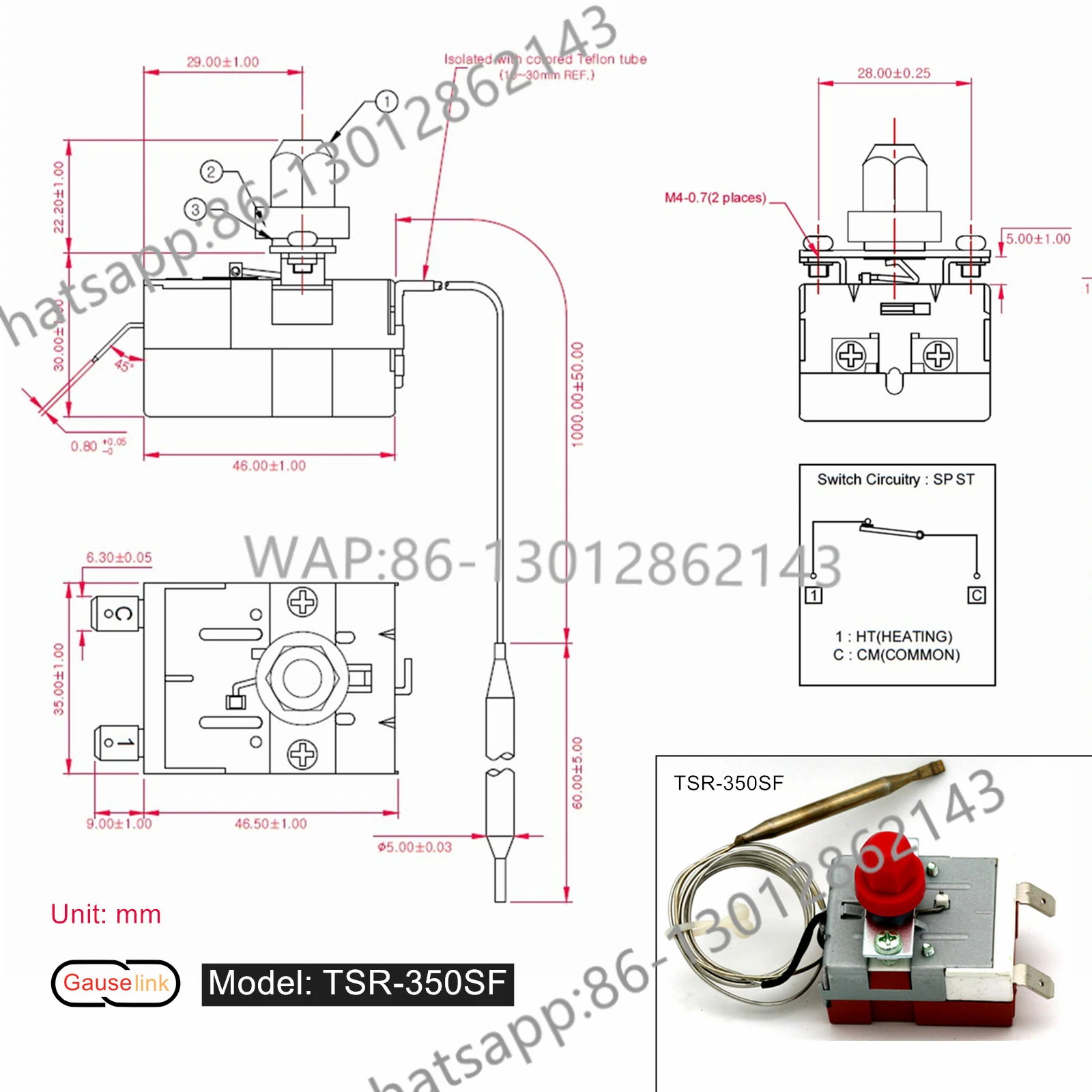 Capillary Thermostat Bulb Thermometer Fixed High Temperature Safety Limiter Control Switch Manual Reset TSR- For Oven Heater
