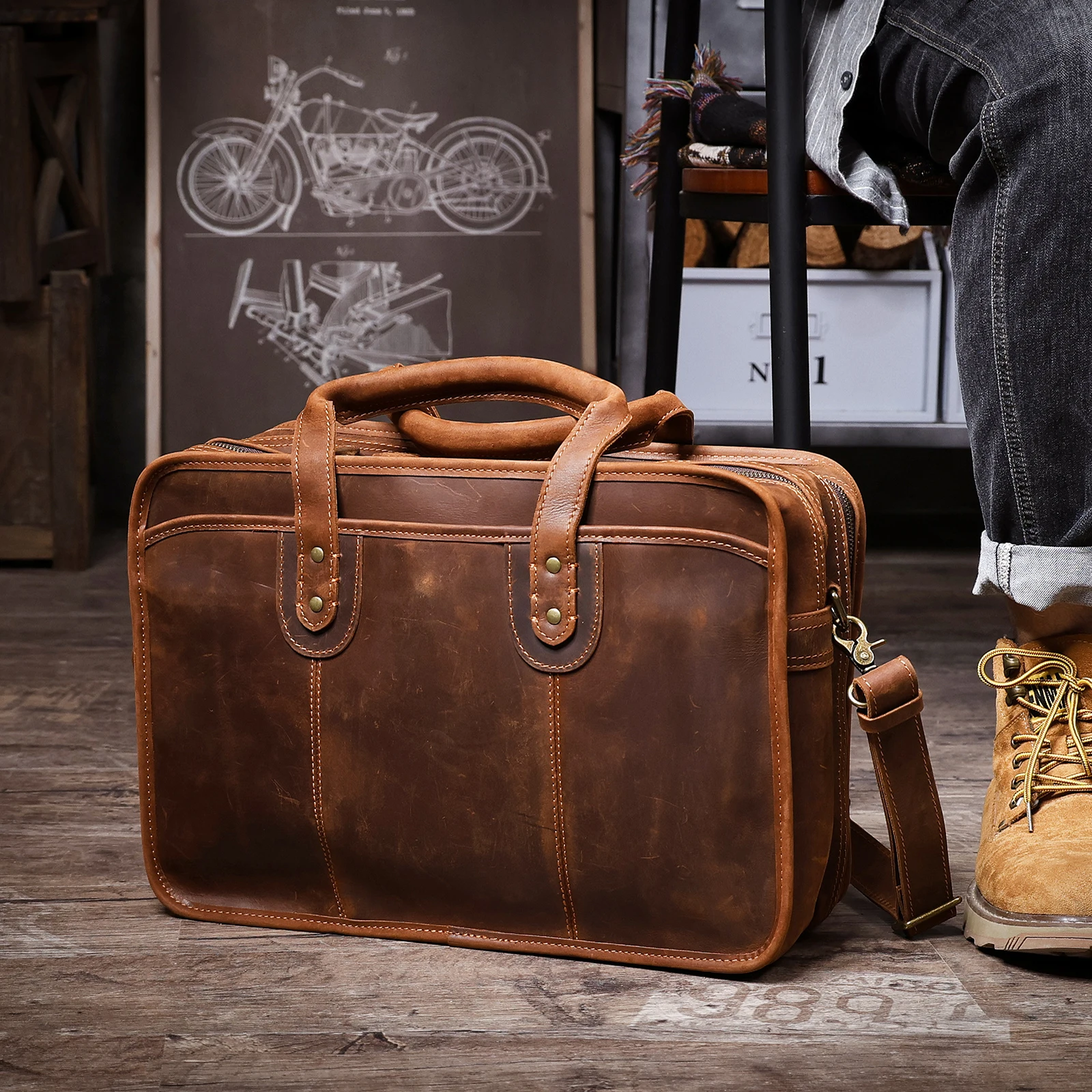 S.WORKER Neues Design Vintage Echtleder Herren-Aktentasche Laptop-Tasche Große Kapazität Rindsleder Business-Tragetasche Handtasche für Männer – Detail 7