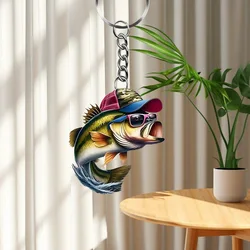 Cool Fish with Hat Keychain 2D Flat Acrylic Keychain Pendant Car Pendant Accessories Bag Pendants