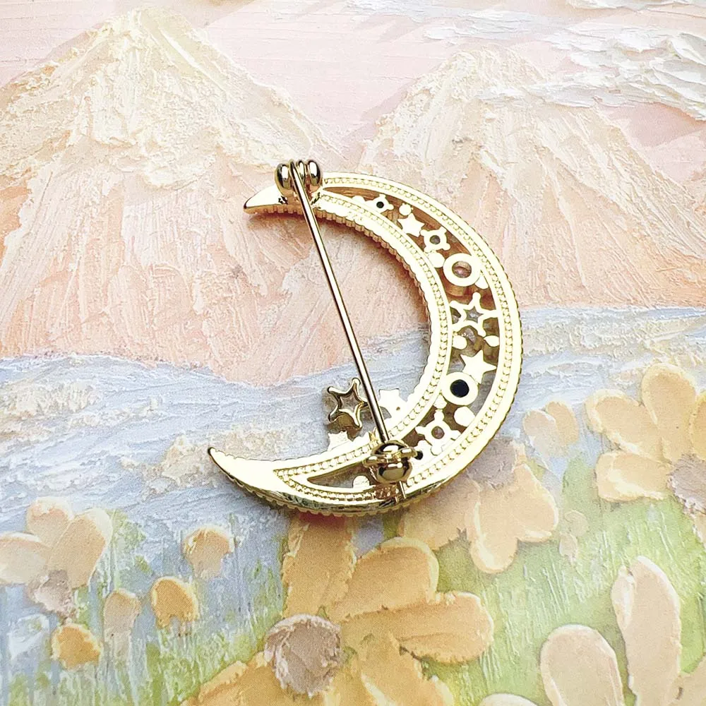 Colorful Moon Golden Brooch Brand New Fine Jewelry Romantic Gift For Women in Pure 925 Sterling Silver