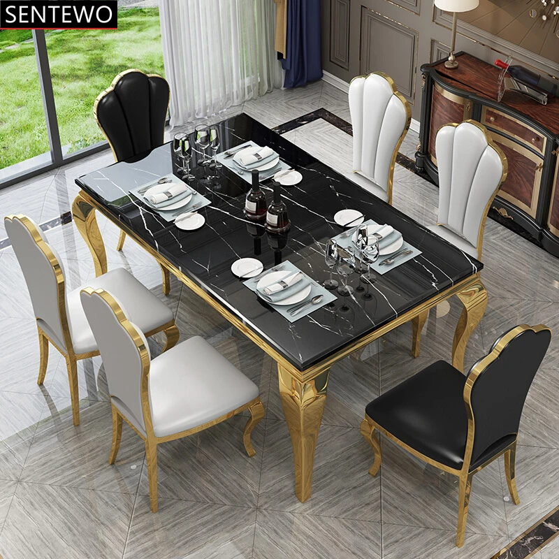 Popular Luxury Marble kitchen dining table 8 dinner chairs set Stainless steel gold frame dinner tables chair stolik esstische