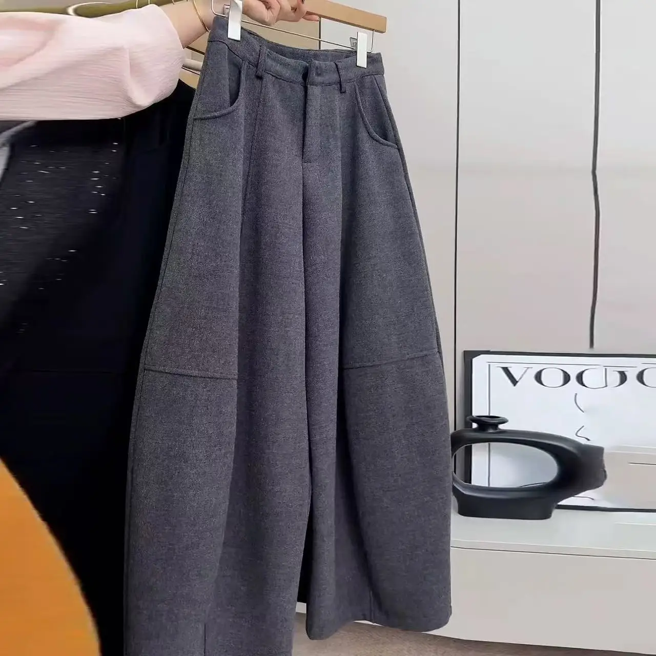 2025 winter new fluff and thin pants women's thickened high-waisted scimitar loose casual mopping wide-leg trousers