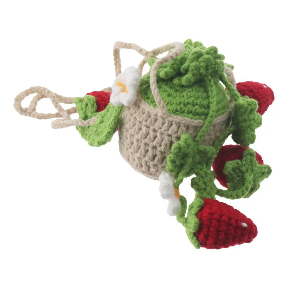 Red Strawberry and Green Leaf Car Hanging Ornament Handmade Knitted Cotton Yarn Crochet Plant Rear View Mirror Pendant