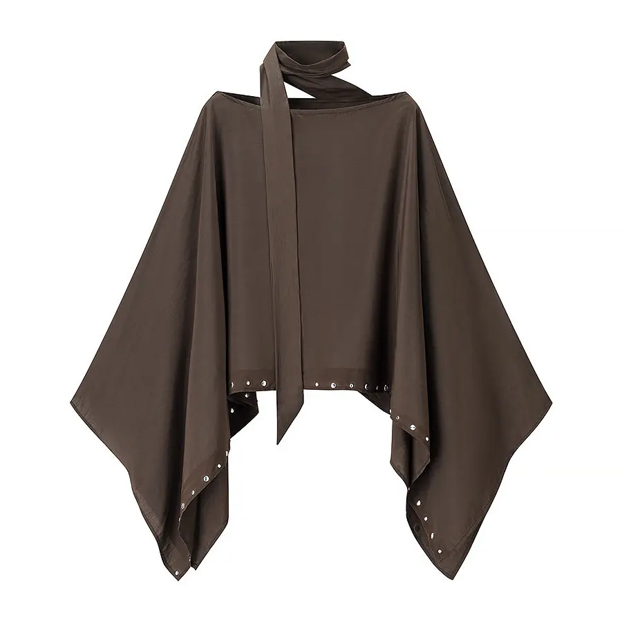 Fashion Simple Versatile Irregular Lower Hem Round Neck Riveted Cloak Casual Commuting Batwing Sleeves Top For Women