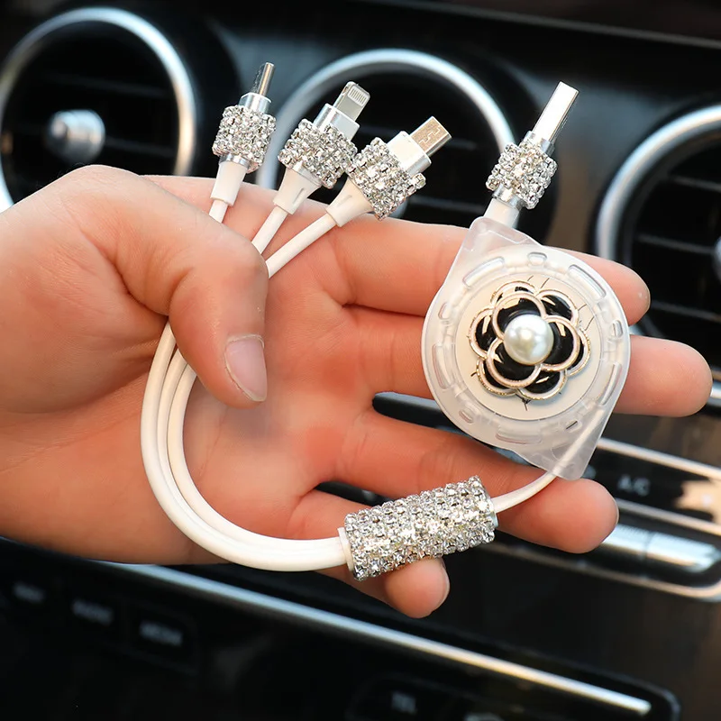 Bling Crystal Car Charger Charming Cute Auto Fast Charging with 1 in 3 Data Line Car Accessories for Android IPhone