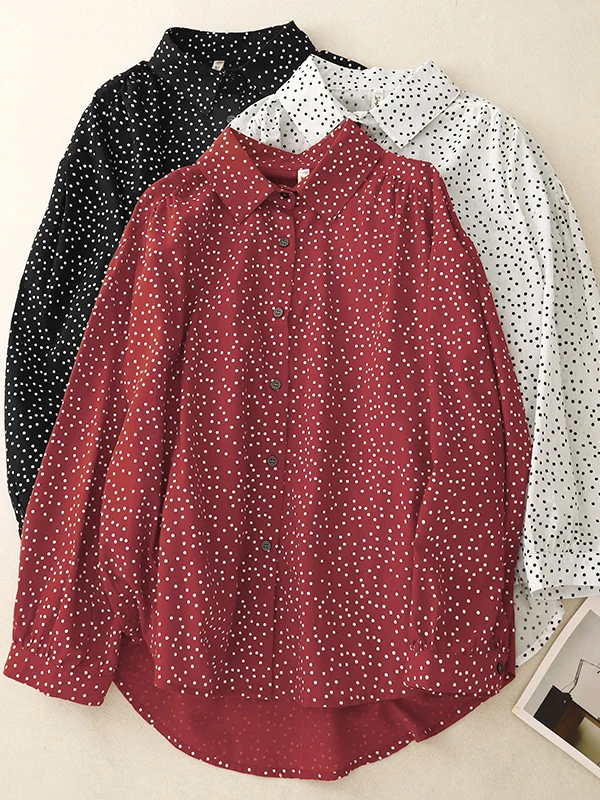 

Ретро-красная женская рубашка свободного кроя с контрастным принтом в горошек, новая весенняя повседневная модель с воротником и рукавом 7/8...