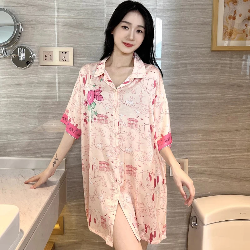 Stain Nightdress for Women Short Sleeve Spring Summer Nightgowns & Sleepshirts Women Sleepwear Shirt Buttons Outwear Shirt