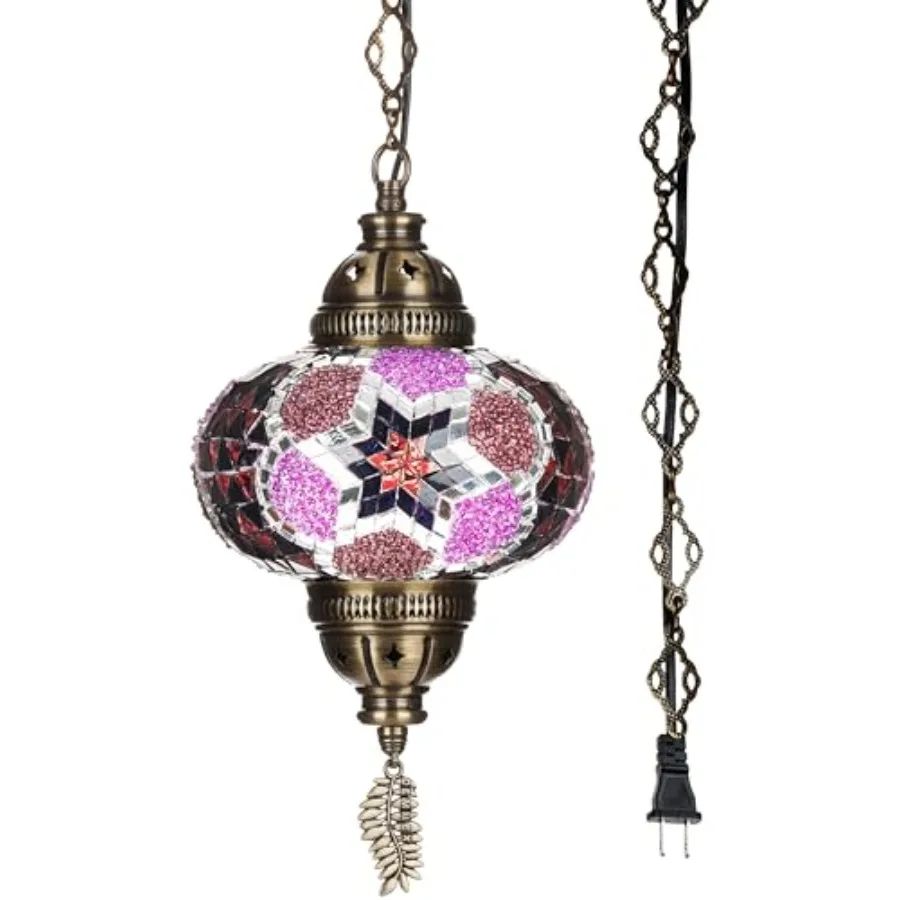 

Plug-in Turkish Moroccan Mosaic Hanging Pendant Ceiling Light Swag Lamp Fixture with 15Feet Cord and Chain Handcrafted Glass Ti