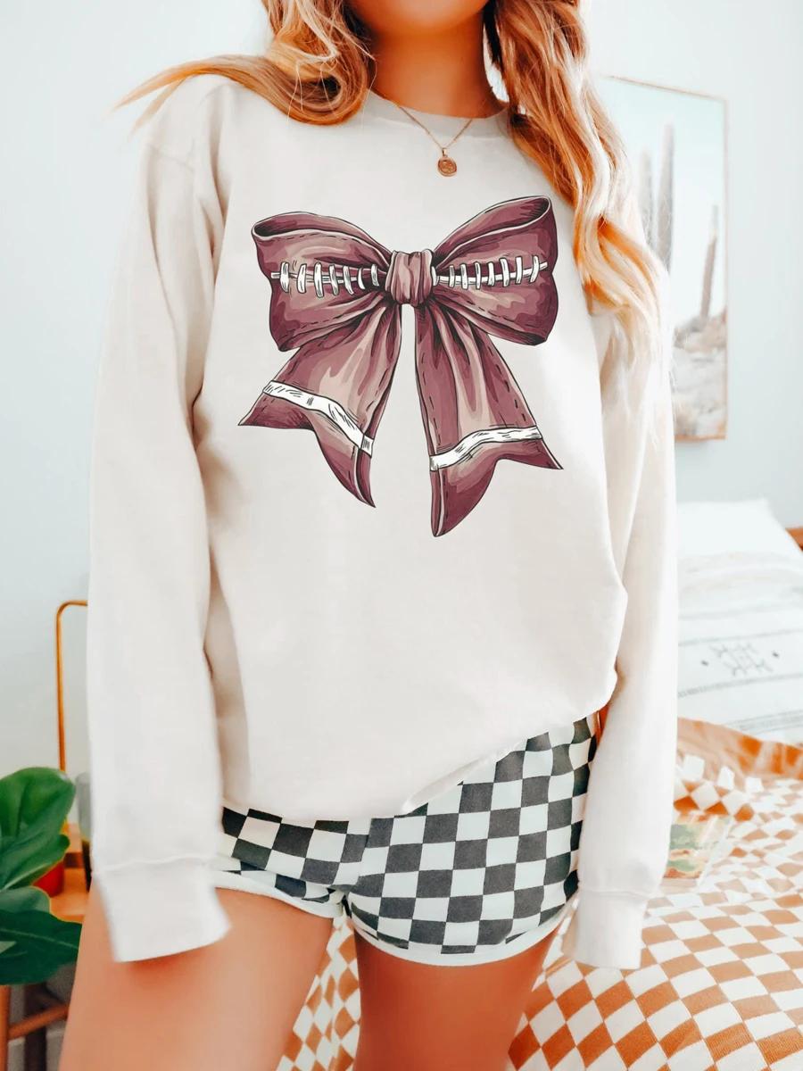 Women s Loose Sweatshirts Bowknot Print Round Neck Long Sleeve Pullovers Fall Winter Casual Tops