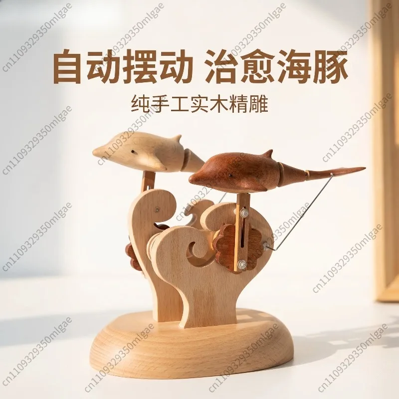 Wooden Dolphin Companion Ornament Stress‑Relief Healing Desktop Decor Birthday Holiday Creative Gift for Home Office