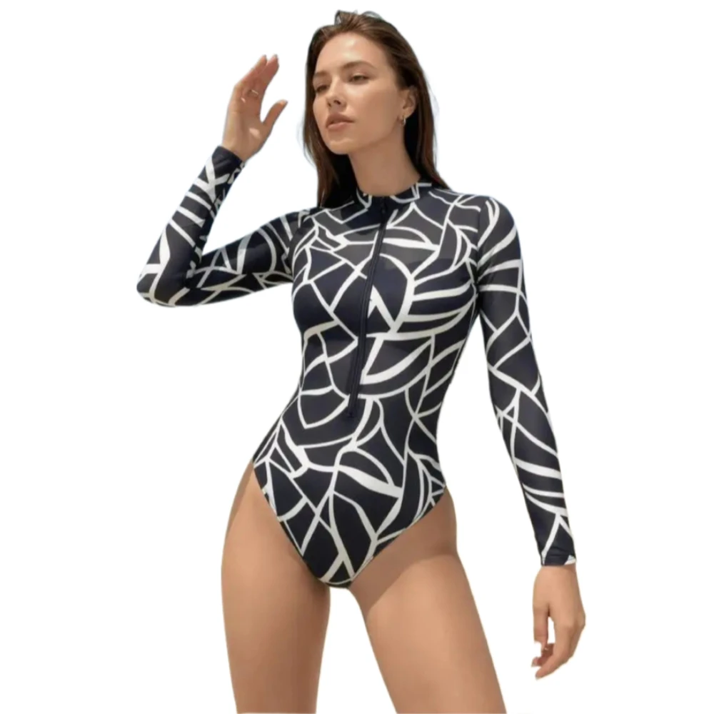 Long Sleeve One Piece Swimsuit Women Stand Collar Front Zipper Geometric Print Surfing Swimwear
