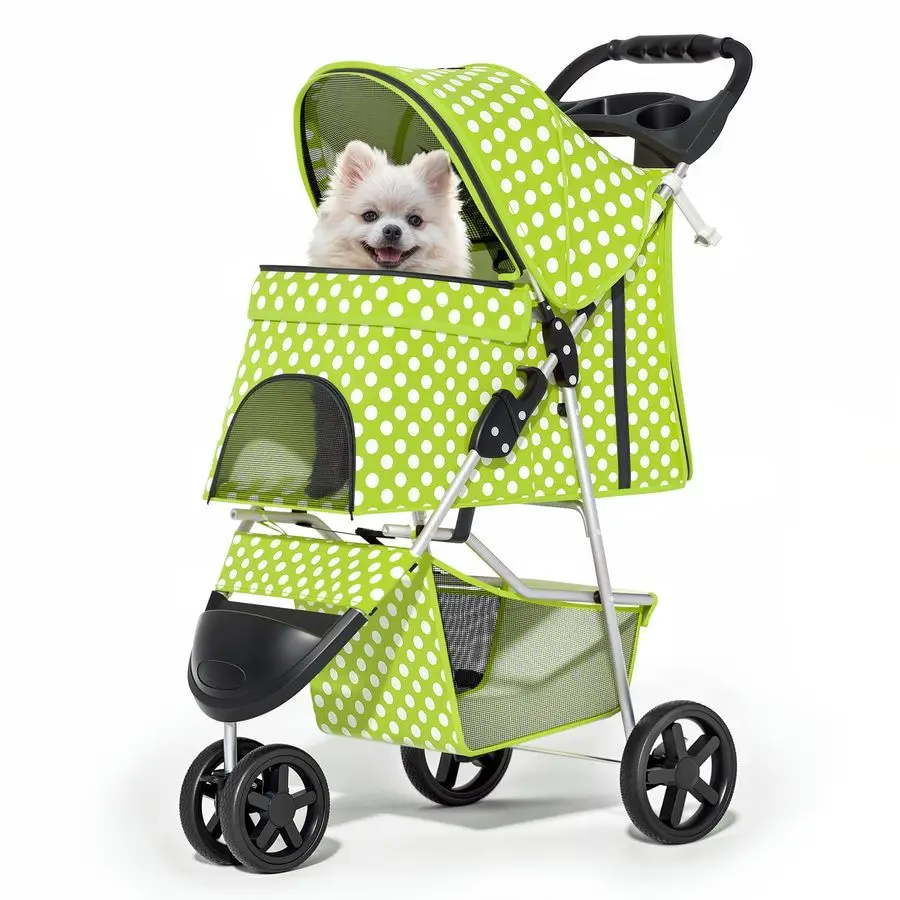 

3 Wheels Pet Dog Cat Stroller for Small Medium Dogs Cats, Foldable Jogger Stroller w Storage Basket and Cup Holder, Lawn Green P