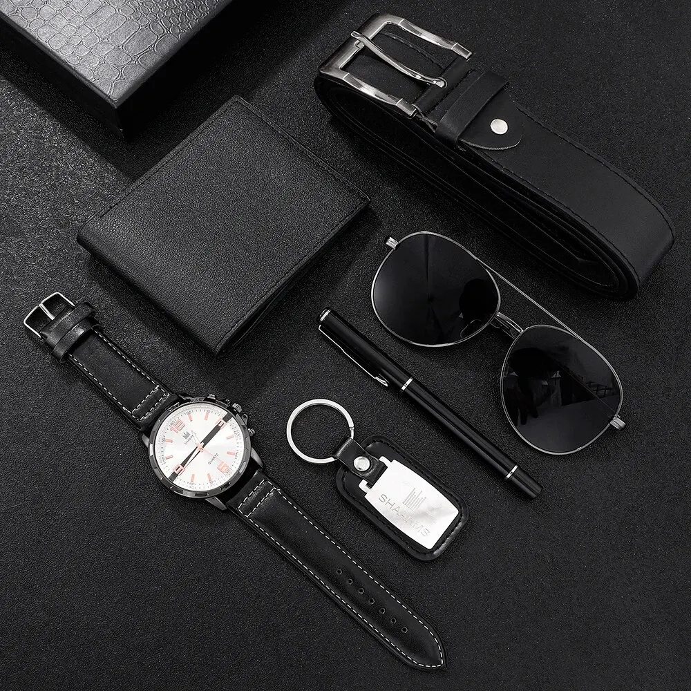 Men Gift Business Luxury Company Mens Set 6 in 1 Watch Glasses Pen Keychain Belt Purse Welcome Holiday Birthday