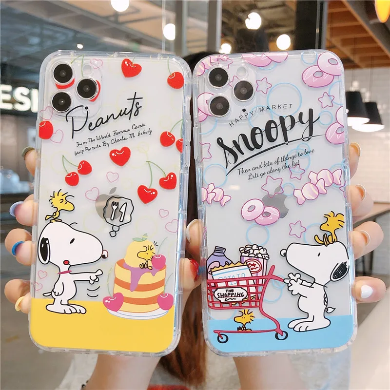 Anime cereza Snoopy compras dibujos animados transparente funda de teléfono para iPhone 16 15 14 13 12 11 Pro Max Xr Xs 16 Plus funda bonita