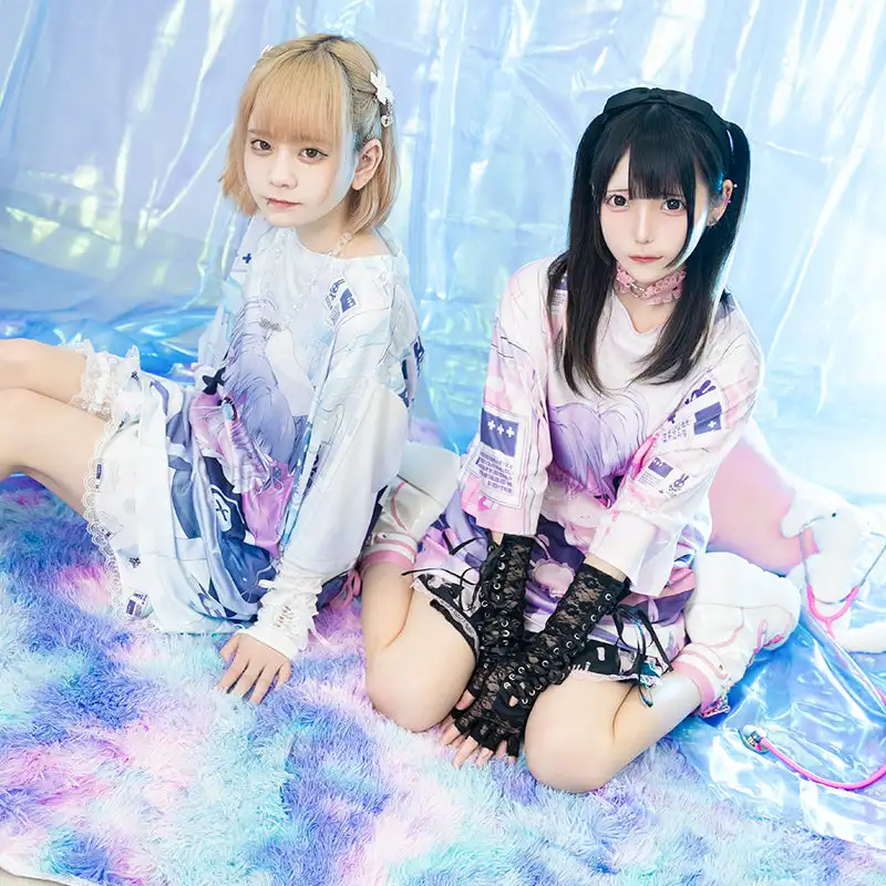 Harajuku Menhera Nurse Anime Girl T-shirt Printed Pink Blue Manga Character Y2K Japanese Street Dress Adult Children