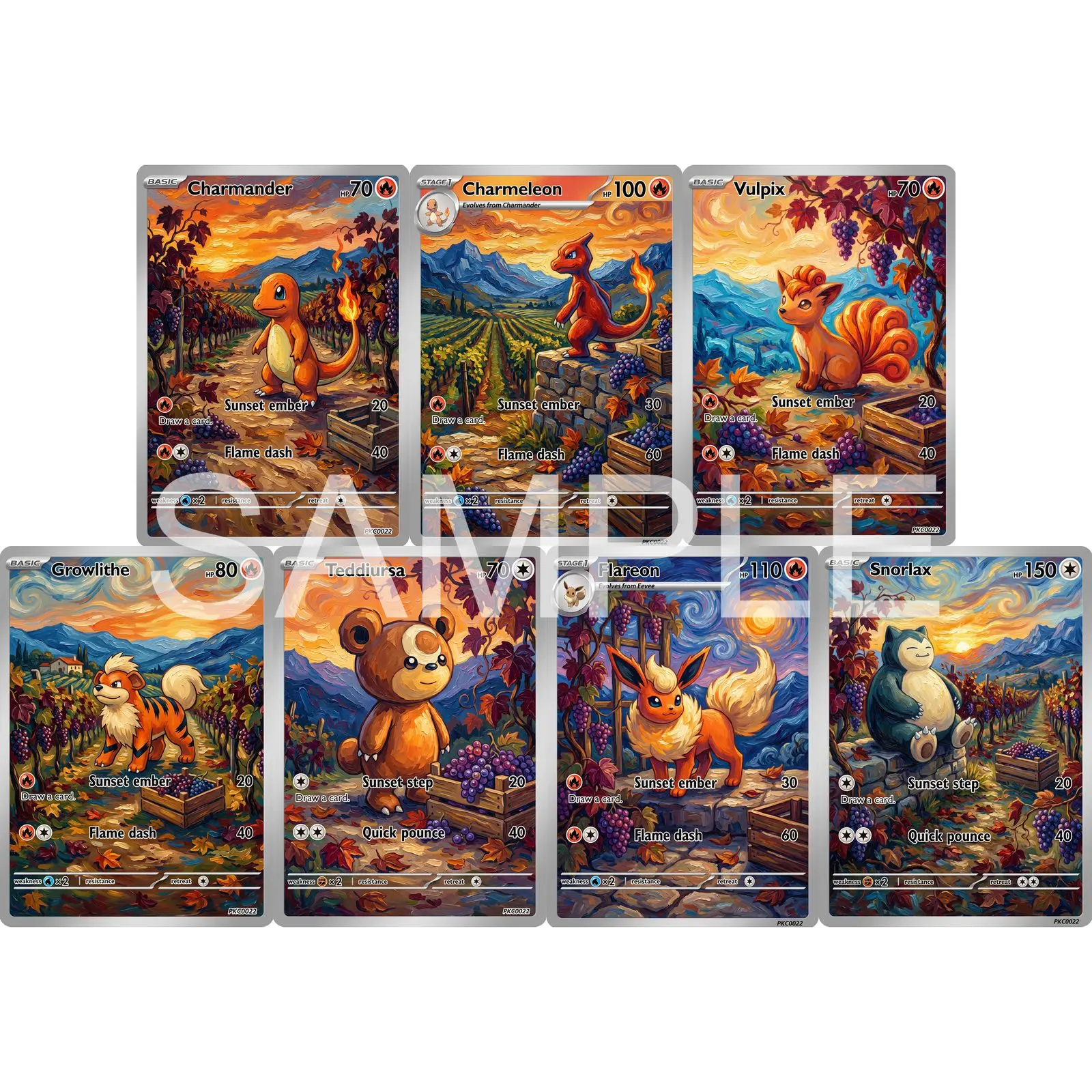 7Pcs PKM Cards PTCG Van Gogh Style Charmander Charmeleon Vulpix Growlithe Teddiursa Flareon Snorlax Art Set Cards PTCG Gift