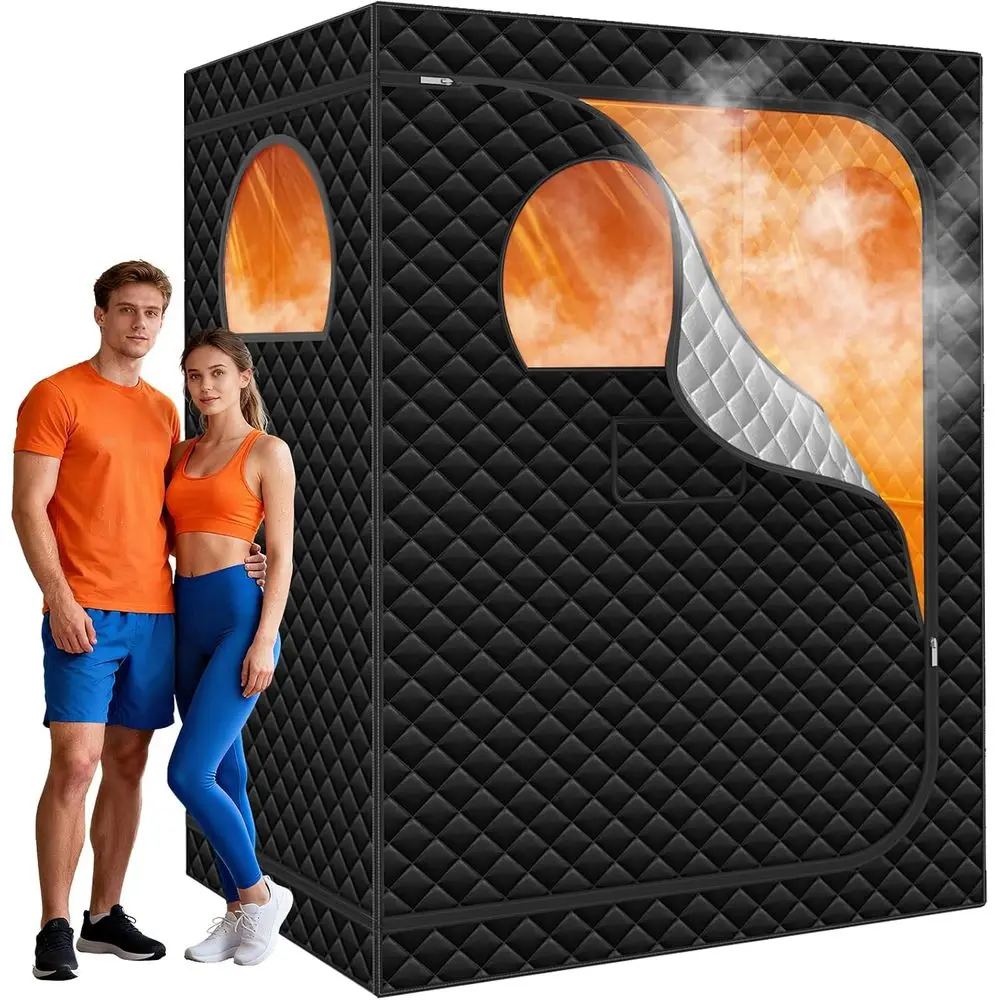 

Upgraded Extra Large 2 Person Sauna Box with 2x3L 1300w Steamer, 2 Big Folding Chair, 9 Levels Heat, Timer, Remote Control - Ste