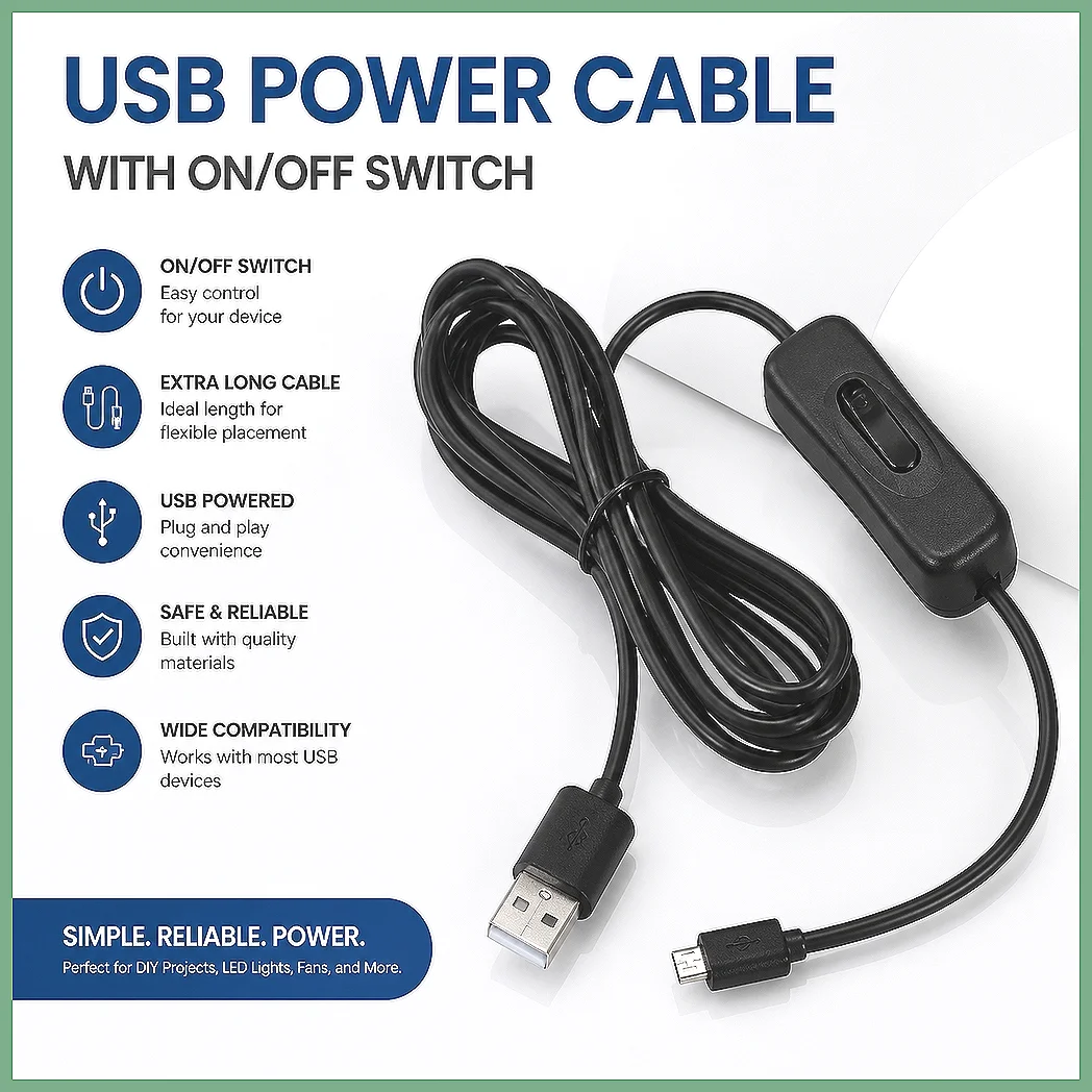 USB Cable with Switch 2M Black 2Pcs, USB Male to Micro USB Male Extension Cord, On/Off Power Control for Charging & Data Sync